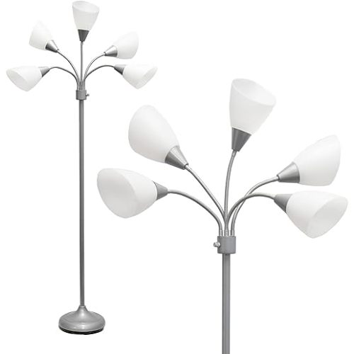 Simple Designs LF2006-SVW 67" Contemporary Multi Head Medusa 5 Light Adjustable Gooseneck Silver Floor Lamp with White Shades for Kids Bedroom Playroom Living Room Office
