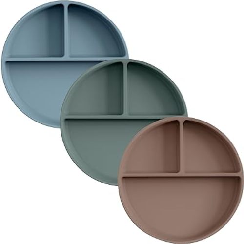 Moonkie Suction Plates for Baby | 100% Silicone BPA-Free Baby Plates| Divided Design | Microwave and Dishwasher Safe | Toddler Plates 3 Pack