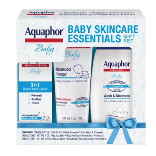 Aquaphor Baby Skin Care Essentials Gift Set with Baby Wash and Shampoo (16.9 Fl Oz) + Healing Ointment for Chapped Skin and Drool Rash (7Oz) + Diaper Rash Cream (3.5Oz), Hypoallergenic