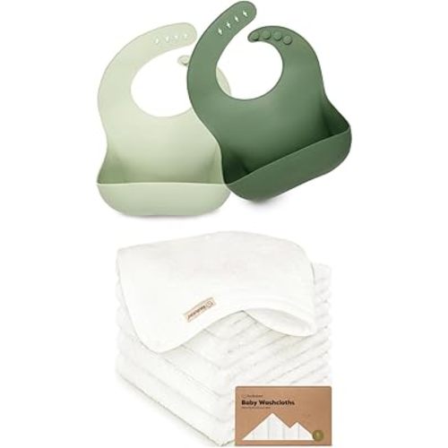 KeaBabies 2-Pack Baby Silicone Bibs and Baby Washcloths for Newborn, Kids - Waterproof, Easy Wipe Silicone Bib for Babies, Toddlers - Bath Baby Towels, Face Towel, Face Cloths