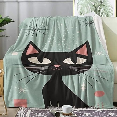 Atomic Cat Throw Blanket, Mid Century Modern Fleece Blanket for Couch Bed Sofa, 50s Retro Blankets and Throws, Decor & Gifts, Super Soft Plush Flannel Blanket, 50x60