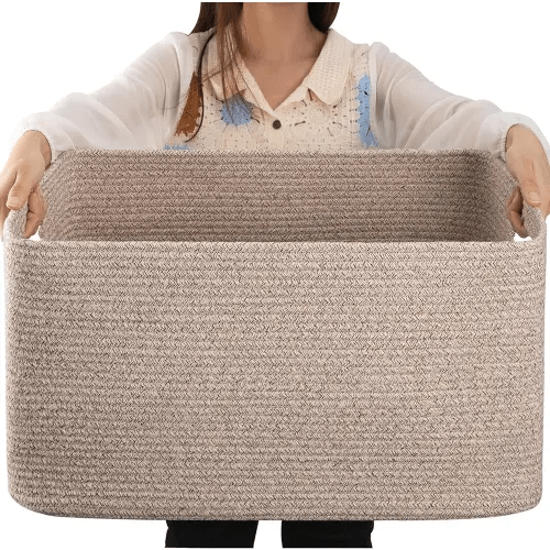 OIAHOMY 75L Large Blanket Basket, Cotton Rope Basket 22”x17”x12”, Woven Storage Basket with Handle,Toy Basket for Nursery, Brown variegated