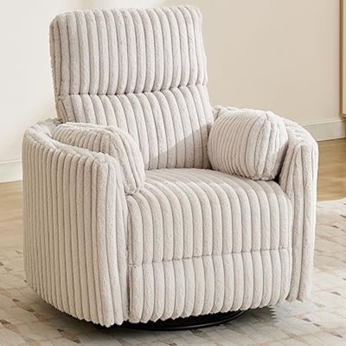 Swivel Glider Recliner, Corduroy Upholstery Recliner with 2 Pillow, Nursery Glider Rocker Chair, Power Reclining Sofa Chair for Living Room/Office/Apartment/Off-White
