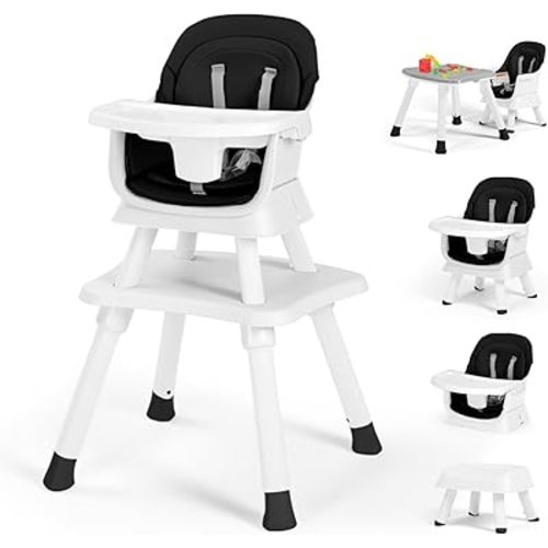 Kinder King 8 in 1 Baby High Chair, Coverts to Dining Booster Seat/Kids Table & Chair Set/Toddler Building Block Table/Kids Stool, Removable Tray & Double Seat Cover, Easy to Wipe, White