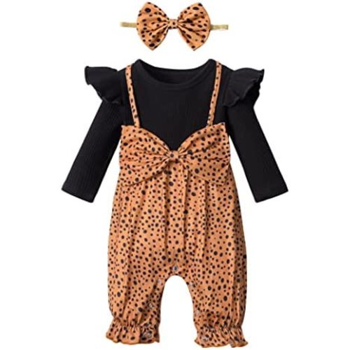 Queenstyle Newborn Baby Girl Clothes Romper Long Sleeve Ruffle Jumpsuit Cute Infant Girl Fall Winter Outfits with Headband