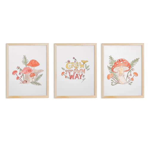 Minimalistx Mushroom Themed Canvas Wall Art - Set of 3 Unframed Prints 16" x 12" for cottagecore decor, Nursery Decor, Mushroom Decor