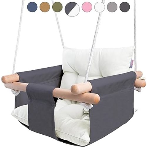 CaTeam - Canvas Baby Swing Seat with Safety Belt, Durable Wooden Swing Chair for Kids, Indoor & Outdoor Use, Mounting Hardware Included, Gray-White