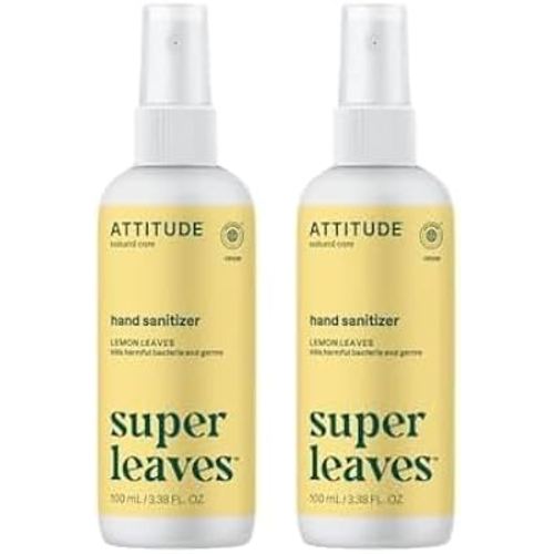 ATTITUDE Hand Sanitizer Spray for Adults and Kids, EWG Verified, Kills Bacteria and Germs, Vegan, Lemon Leaves, 3.38 Fl Oz (Spray Bottle) (Pack of 2)