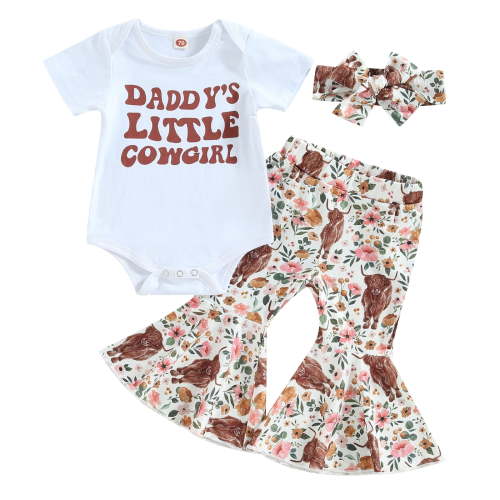 Western Baby Girl Clothes Short Sleeve Romper 3M 6M 12M 18M Cow Print Flared Pants Bell Bottoms Headband 3Pcs Summer Outfit