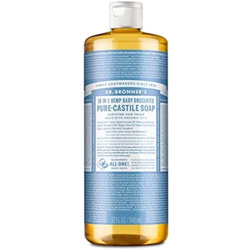 Dr. Bronners - Pure-Castile Liquid Soap (Baby Unscented, 32 Ounce) - Made with Organic Oils, 18-in-1 Uses: Face, Hair, Laundry, Dishes, For Sensitive Skin, Babies, No Added Fragrance, Vegan, Non-GMO