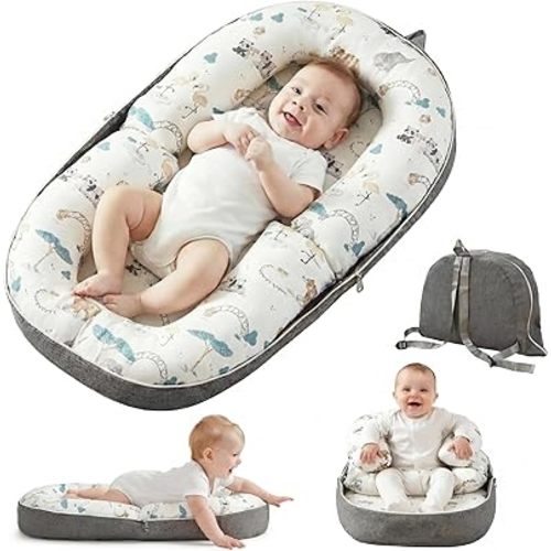 Baby Lounger for Newborn, 0-12 Months, Portable Infant Lounger Pillow with Adjustable Support, Soft Breathable Cover, Folds Into Backpack for Travel, Ideal for Home & Outdoor Use - White