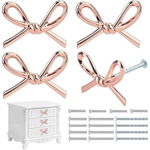 4 Pack Rose Gold Bow Dresser Knobs Cute Drawer Knobs Decor Drawer Zinc Alloy Pink Hardware Handles Pulls Vintage Cupboard Drawer Knob for Kitchen Cabinets Home Bedroom (4, Rose Gold)