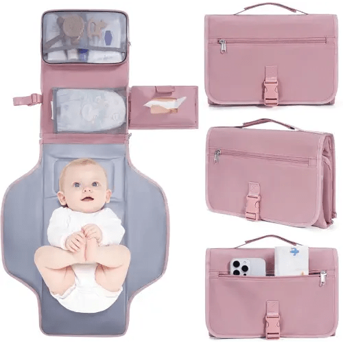 CEICEI Portable Diaper Changing Pad Waterproof Travel Baby Changing Mat with Large Wet/Dry Pocket & Elastic Wipes Pockets, Foldable Compact for On-The-Go Diaper Changer(Pink)