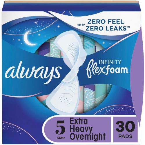 Always Infinity FlexFoam Pads for Women - Extra Heavy Overnight Absorbency - Unscented - Size 5 - 30ct