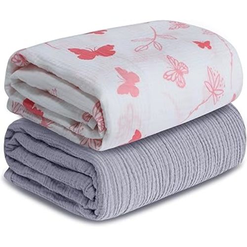 Muslin Swaddle Blankets for Newborn, 2 Pack Breathable Soft Receiving Blanket, Large 41 x 41 inches Swaddle Wrap Burping Clothes, Essentials Infant Shower Items. (Gray & Pink Butterfly)
