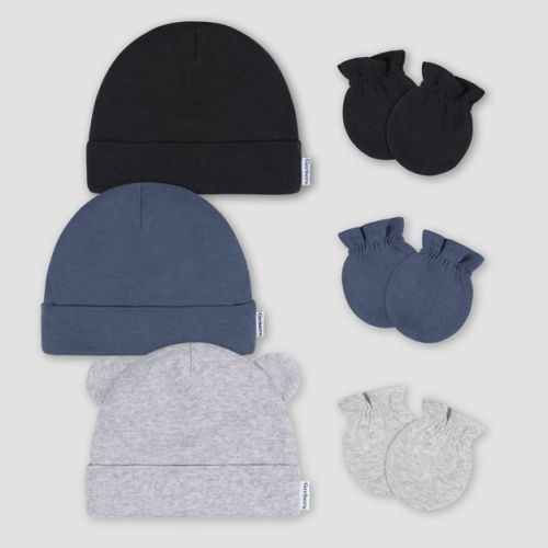 Gerber Baby 6pk Hat & Mitten Set - Gray: Cotton Knit, Elastic Cuffs, 0-12 Months