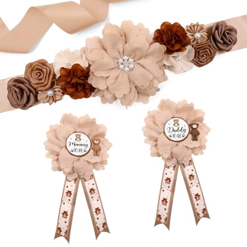 Vansolinne Brown Teddy Bear Maternity Sash Kit Mom to Be Daddy to Be Corsage Pins Bear Theme Baby Shower Decorations Teddy Bear Belly Band Pregnancy Photo Props New Parents Keepsake