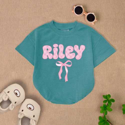 Personalized Name Pink Bow Baby Romper Short Sleeves, Coquette Girl Baby Romper, First Birthday Bodysuit, Baby Girl Outfit
