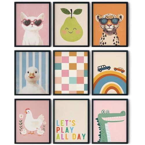 9 Pcs Colorful Kids Room Wall Art Nursery Animal Posters Cute Baby Girl And Boy Canvas Prints Toddler Room Wall Decor Pictures Eclectic Painting for Baby Gallery Playroom 12x16in Unframed Poster