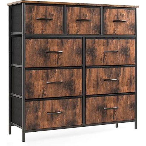 OLIXIS Dresser for Bedroom, 9 Storage Drawers, Tall Large Fabric Storage Tower Organizer, Chest of Drawers with Metal Frame Wooden Top for Nursery, Closet, Living Room, Entryway, Classic Rust Brown