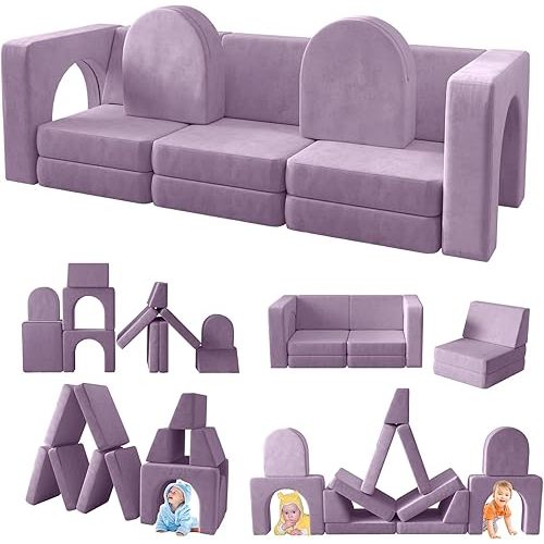 wanan Kids Couch 12PCS, Modular Kids Play Couch for Playroom Bedroom, 12 in 1 Multifunctional Kids Sofa for Playing, Creativing, Sleeping, Indoor Toddler Couch for Boys and Girls(Blueberry)