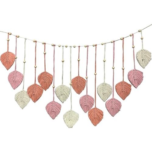 Nature-Inspired Macrame Leaf Wall Hanging, Handcrafted Green Tapestry Boho Home Decor, Bohemian Art Nursery Living Room Bedroom Backdrop Chic Decoration (Pink White 47.2“ x 30“)