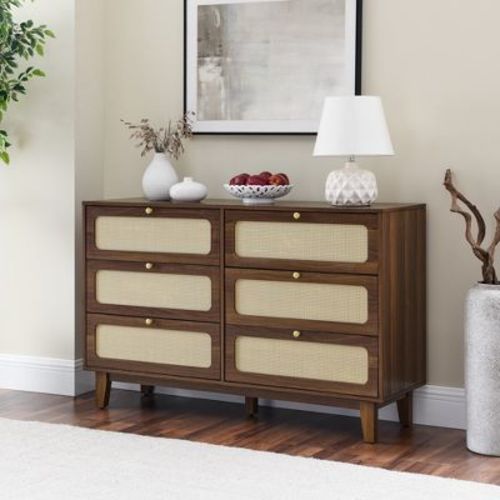 KTMBDW 6 Drawer Double Dresser for Bedroom, Rattan Chest of Dressers, Modern Wooden Dresser Chest for Living Room and Entryway, Walnut