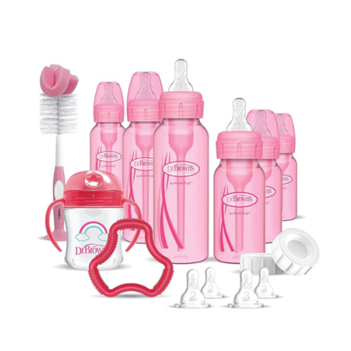 Dr. Brown's Natural Flow Anti-Colic Options+ Special Edition Pink Baby Bottle Gift Set with Soft Sippy Spout Transition Cup, Flexees Teether, Bottle Cleaning Brush and Travel Caps