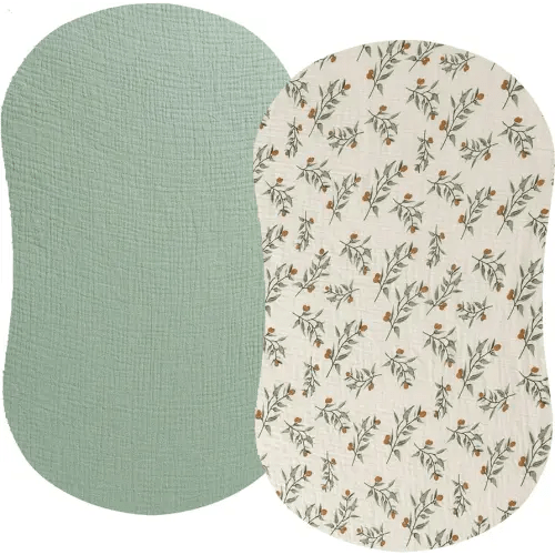 Muslin Bassinet Sheet Compatible with Halo Bassinest Swivel Flex Glide Premiere & Luxe Series Sleeper 2 Pack Cotton Stylish Boho Fitted Bassinet Sheets Super Soft for Baby Roman Green & Botanical Leaf