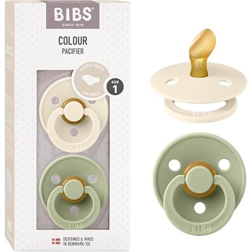 BIBS Pacifiers - Set of 2 | Colour Pacifier with Anatomical Nipple | BPA-Free Natural Rubber | Made in Denmark | Ivory/Sage | Size 0-6 Months