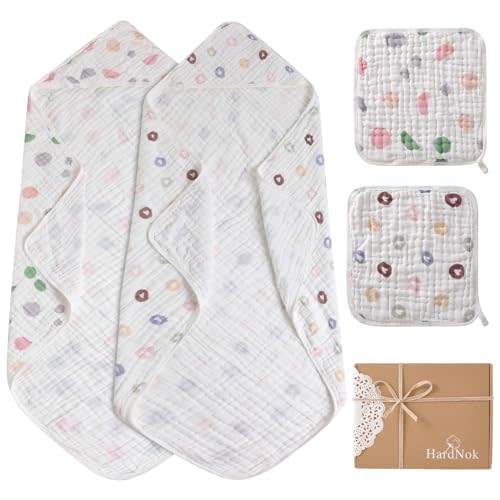 Muslin Hooded Baby Towel 4 Pack, Preuim Muslin 6 Layers Natural Cotton Baby Bath Towels, Soft and Comfortable for Boys,Girls (Pink Striped and White) (32 x 32, Loving Heart Set)