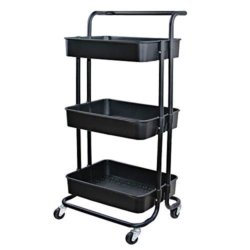 Lontenrea 3-Tier Rolling Cart Multifunction Storage Utility Shelves Cart with Handle and Lockable Wheels for Living Room Kitchen Bathroom Office etc (Black)