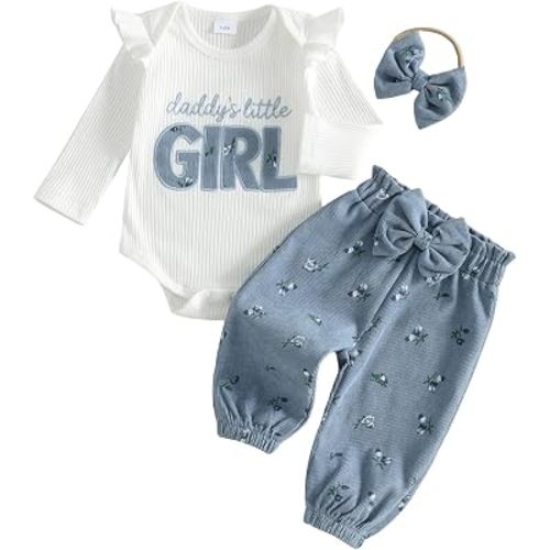Hnyenmcko Newborn Infant Baby Girl Clothes Rib Knit Ruffle Romper+ Floral Pants + Cute Headband Set 0 3 6 9 12 18 24 Months