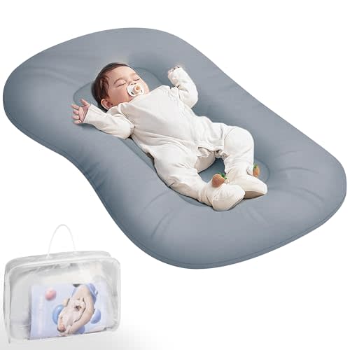 Baby Lounger - Baby Lounger for Newborn, Infant Lounger for Home and Travel, Soft Cotton, Newborn Babies Essentials Gifts, GrayishBlue
