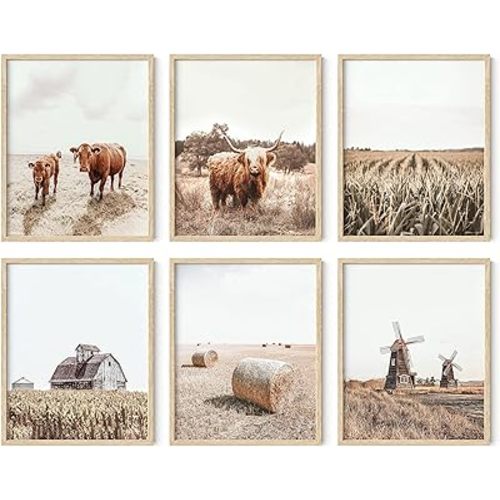 HAUS AND HUES Highland Cow Wall Art – Set of 6 Rustic Farmhouse Decor, Unframed Cow Prints, Country Animal Artwork, Western Farm Pictures (8x10, Unframed