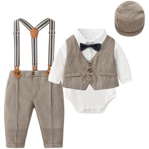Baby Boys Pants Sets, Infant Long Sleeve Shirt + Pants + Bow Tie + Suspenders + Vest + Cap,Toddler Gentleman Outfits