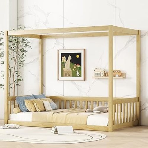 Twin Size Canopy Bed Frame with Guardrails for Kids,Floor Bed Twin with Four Poster Design,Kids Montessori Floor Bed,Wood Canopy Bed Frame for Girls,Boys(Twin,Natural)