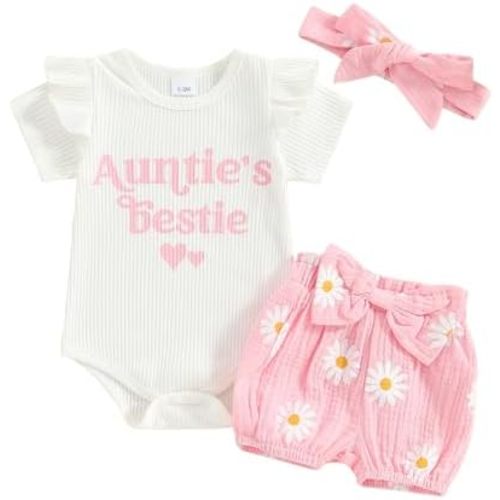 NZNDSHD Aunties Bestie Baby Clothes Girl Newborn Infant Girls Summer Outfit Short Sleeve Romper Daisy Short Headband Set