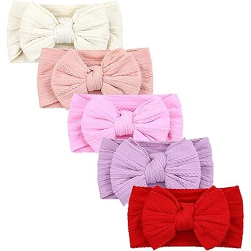 Cinaci 5 Pieces Soft Stretchy Baby Girl Wide Headbands with Bow Headwraps Hair Bows Bands Accessories for Baby Boys Girls Newborns Infants Toddlers