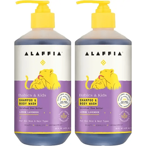 Alaffia Babies and Kids Shampoo and Body Wash, Gentle and Calming Support for Soft Hair and Skin with Shea Butter, Neem, and Coconut Oil, Fair Trade, Lemon Lavender, 2 Pack – 16 Fl Oz Ea