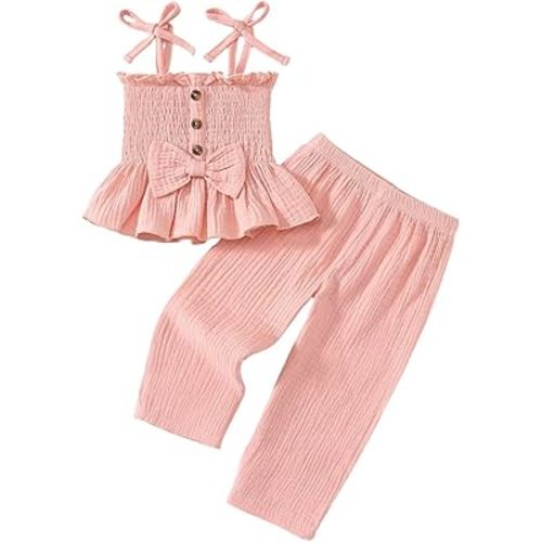 Toddler Baby Girl Clothes Girls Summer Outfits Sleeveless Strap Button Bow Camisole Pants Set 9 Months-4T