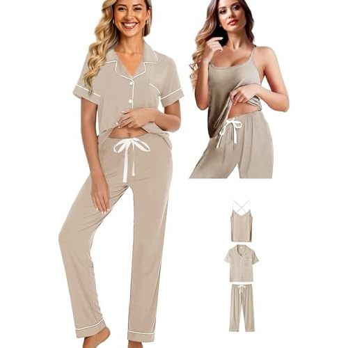 Womens 3Pcs Soft Pajama Sets Postpartum Camisole Knit Pajamas Set Sleepwear Pjs Nightwear Lounge Sets