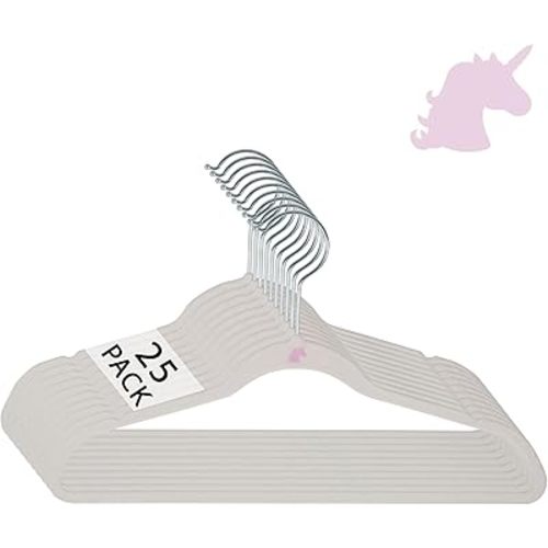 Simplify 25 Pack Kids Velvet Hangers | Slim | Non-Slip Design | Space Saving | Childrens Clothes | Shirts | Pants | Dresses | Baby Nursery | Closet Storage & Organization | White