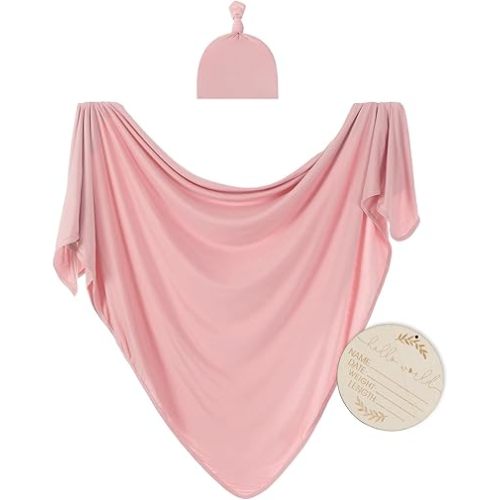 Large Jersey Knitted Swaddle Blanket for Baby, Soft Stretchy Receiving Blanket for Newborns with Hat, Baby Nursery Swaddle 47 x 47 inches(Rose)