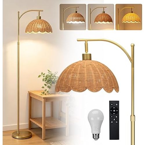 Arc Floor Lamp for Living Room, Gold Boho Floor Lamp with Hand-Woven Rattan Flower Shade, Farmhouse Standing Lamp with Remote & 3 Color Temp Bulbs, Height Adjustable Tall Lamp for Bedroom Corner