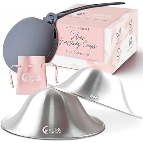 Cradle & Grace Pure 999 Silver Nursing Cups with Gray Carrying Case, Silver Nipple Shields for Breastfeeding Newborn, Silver Nipple Covers Breastfeeding Kit, Regular