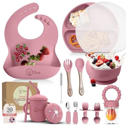 O'doe 17-Piece BPA-Free Silicone Baby Feeding Set | Thick & Soft Suction Plates, Baby Bowls, Wooden Fork & Spoon, and More | Make Mealtime Fun and Easy for Your Little One | Pink, V2