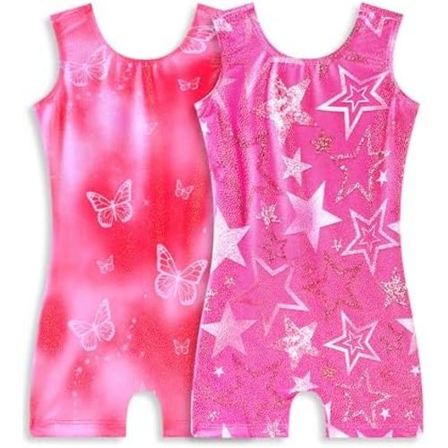 Snowheart Gymnastics Leotards for Girls 2-Pack, Sparkly Toddler Biketards Sleeveless for Tumbling Dance Classes