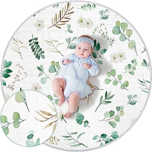 Wesiti Baby Play Mat Non Slip 40 x 40'' Large Baby Activity Mat Round Baby Tummy Time Mat Washable Foldable Floor Pads for Babies Crawling Mat for Infant Nursery Room Indoor Outdoor (Eucalyptus Leaf)