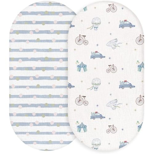 Muslin Bassinet Fitted Sheets, 2 Pack for Baby Boy and Girl, Soft Breathable Baby Pad/Mattress Sheet, Fit for Hourglass Oval and Rectangle Bassinet Mattress (Cute Cars)
